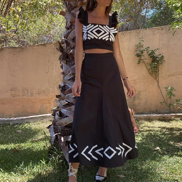 Fashion Print Skirt Suit Dress Women Spaghetti Strap Sleeveless Crop Top Skirt 2 Piece Set Spring Summer Lady Beach Outfits