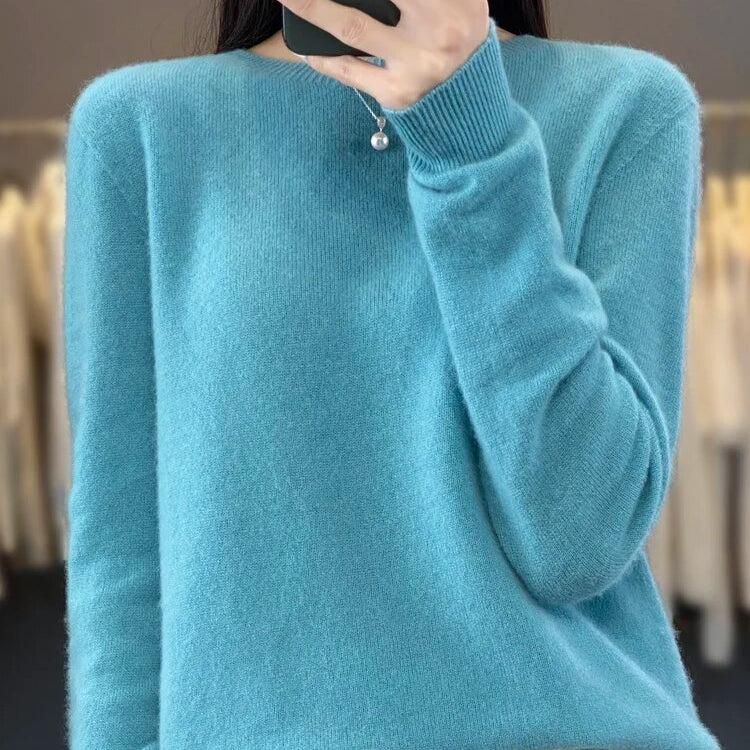 Women 100% Pure Merino Wool Knitted Sweater Autumn Winter Fashion O-Neck Top Cashmere Warm Pullover Seamless Jumper Clothes Lake Blue