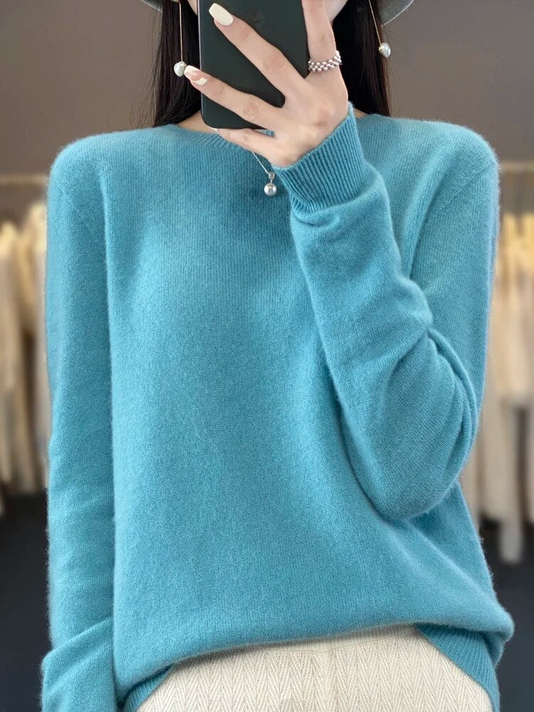 Women 100% Pure Merino Wool Knitted Sweater Autumn Winter Fashion O-Neck Top Cashmere Warm Pullover Seamless Jumper Clothes Lake Blue