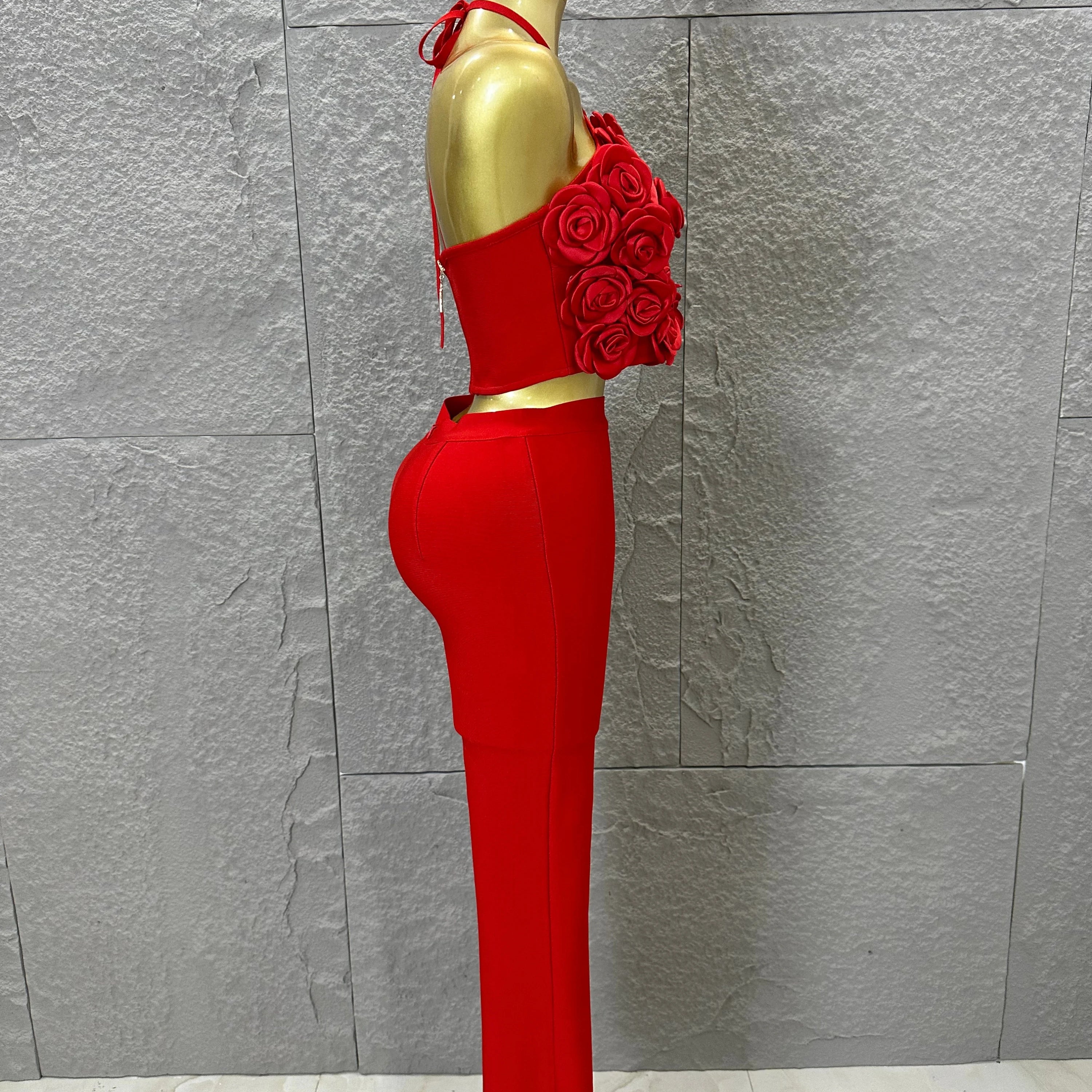 Elegant Two Piece Set Women Halter 3D Flower Crop Top High Waist Flare Pants Bandage Suit Party Casual Formal Wear