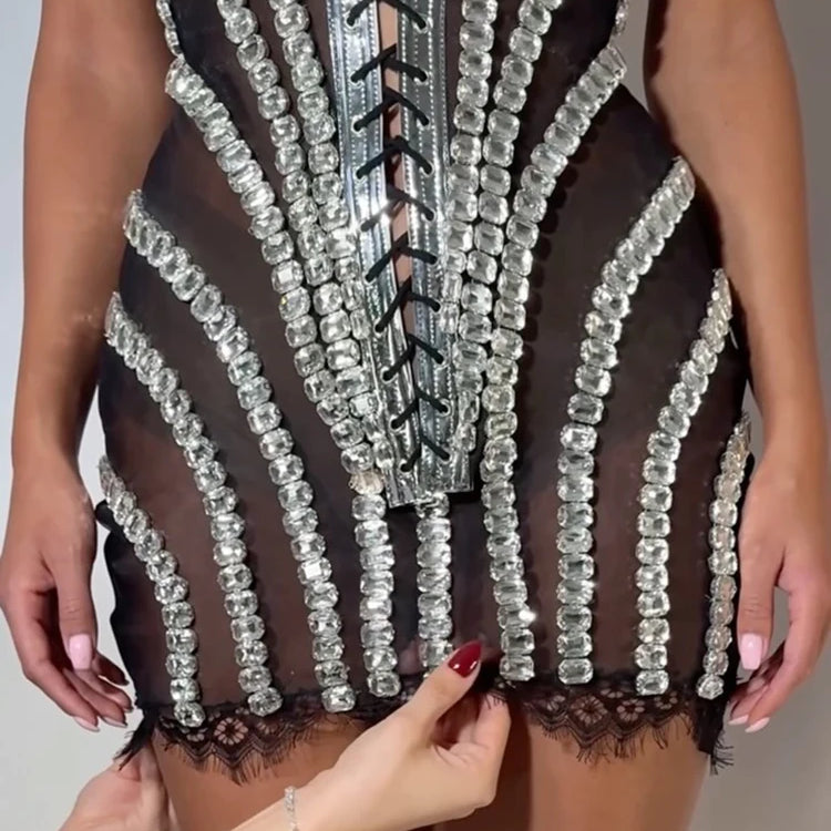 Glamorous Black Lace Adorned Strappy Corset Mini Dress with Sparkling Crystals Evening Gown