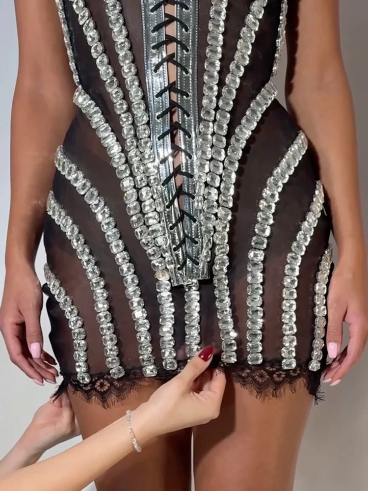 Glamorous Black Lace Adorned Strappy Corset Mini Dress with Sparkling Crystals Evening Gown