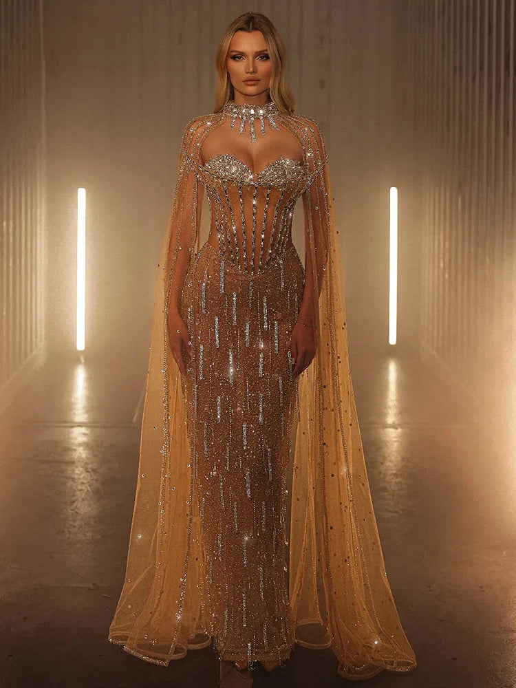 Nude Crystal Tassels Maxi Long Dress Strapless See Through Mesh Sequins Maxi Bodycon Celebrity Party Cocktail Evening Gowns