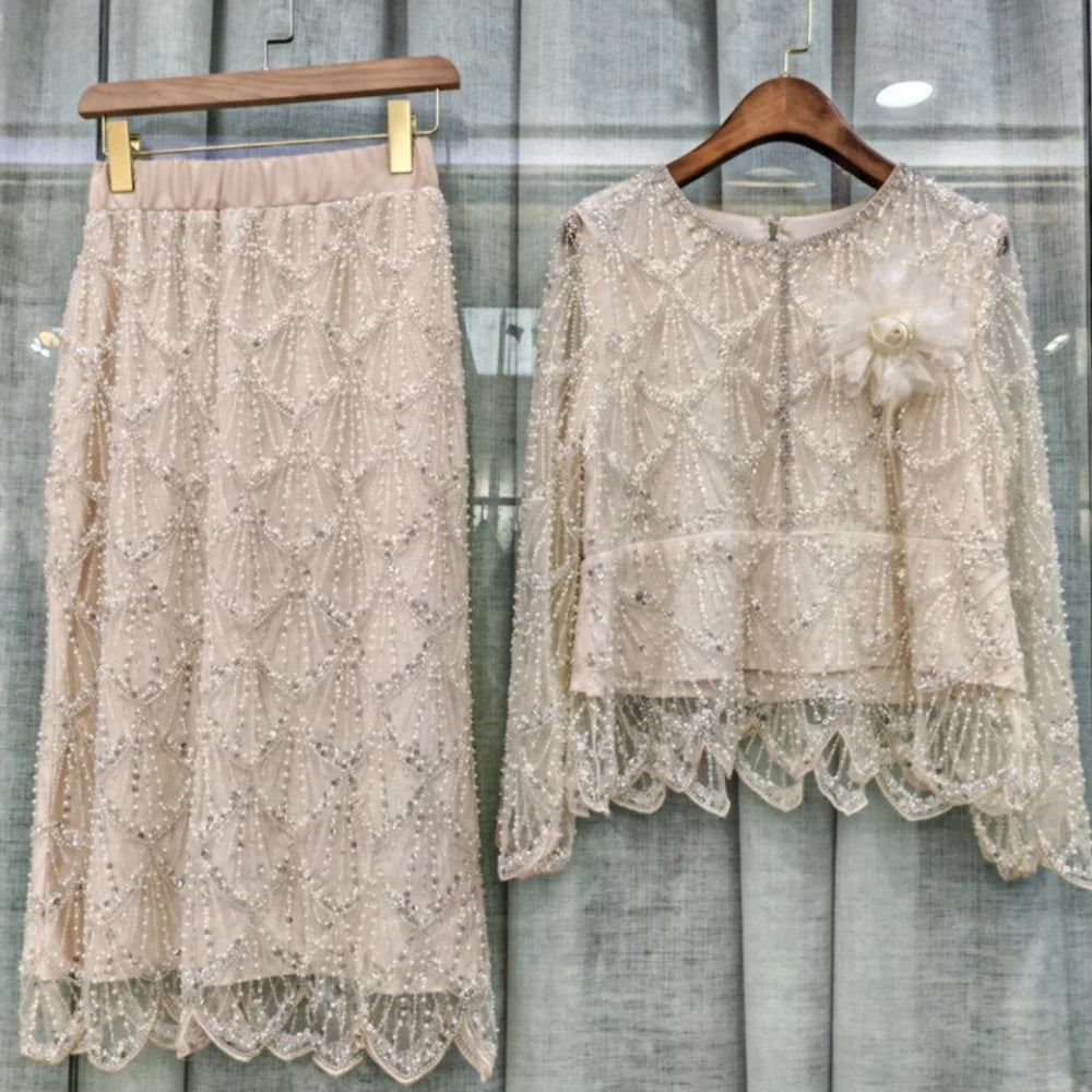 Spliced Bead Luxurious Two Piece Sets for Women Round Neck Long Sleeve Patchwork 3D Flower Top Skirt Set Female New WHITE