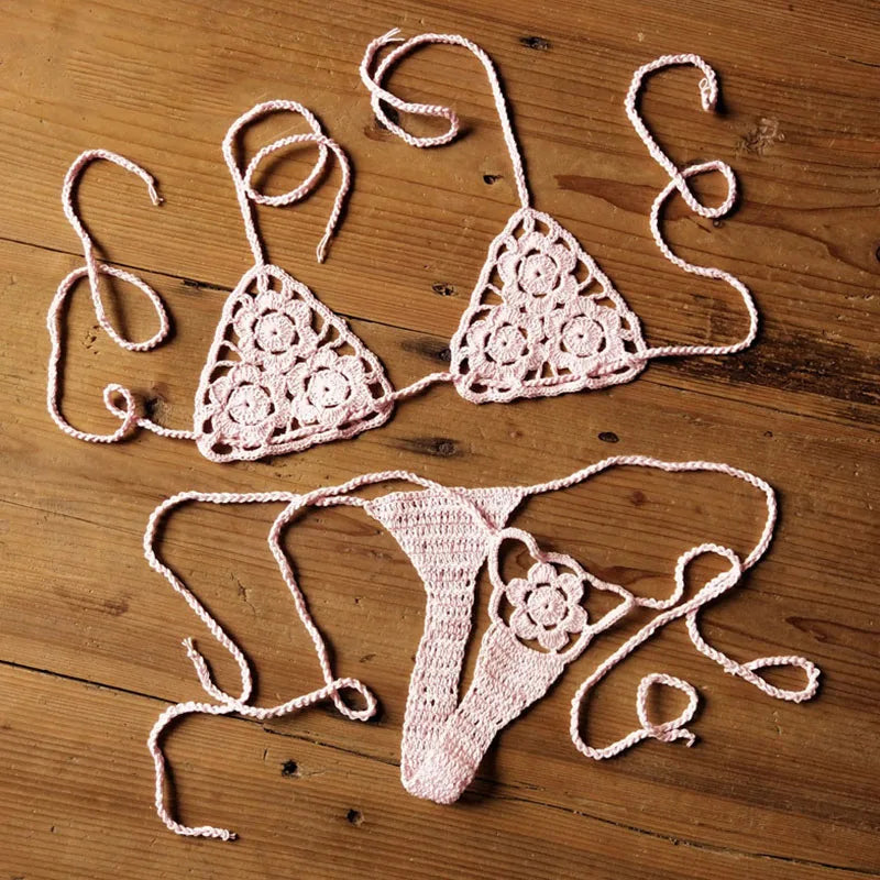 Women Sexy Handmade Bikini Sets Crochet Flower Solid Color Lace Thong String Swimwear Sunbathing Swimsuit Beach Wear Lace-up Pink one size