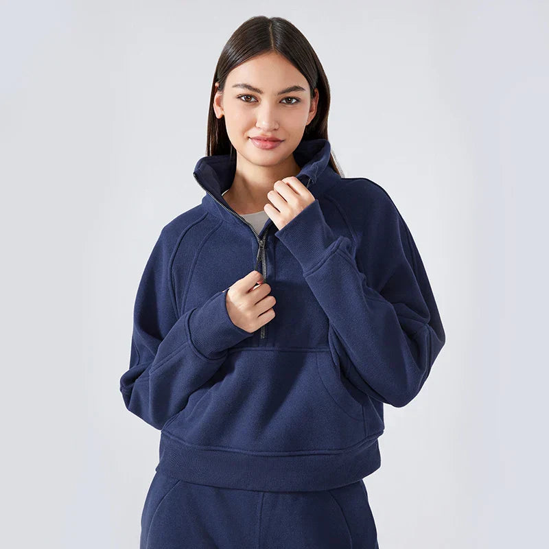 Autumn New Half Zipper High Stand Collar Pullover Top for Women's , Warm and Fleece Thick Sports Hoodie for External Wear