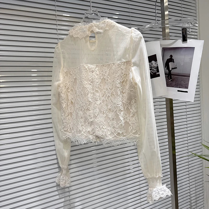 Winter New Fashion Style Elegant Bow Lace Patchwork Chest Pad Chiffon Blouse For Women Short Small Shirt 11A07927