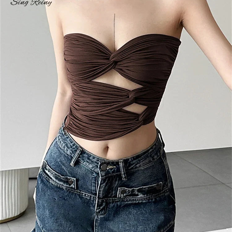 SINGREINY Sensual Strapless Solid Skinny Tank Tops Fashion Cross Short Slim Camisole Female Streetwear Irregular Sexy Tank Tops brown