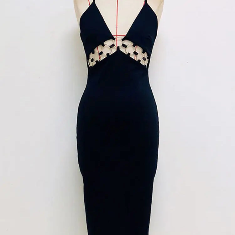 Ailigou Women's Fashion Black Sexy Deep V Neck Sleeveless Gold Ring Hollow Out Backless Skinny Mid Length Celebrity Party Dress