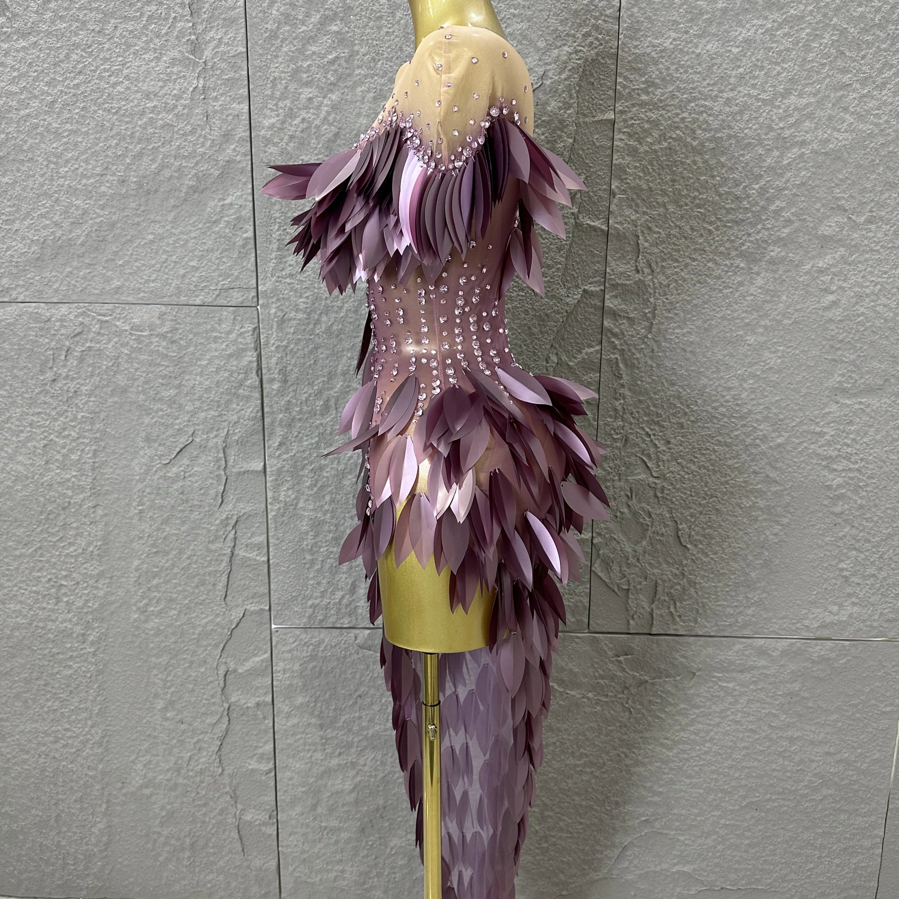 Sparkly 2026 Purple Sheer Mesh Dress Women Sexy Illusion Neck Rhinestone 3D Leaf Fringe Bodycon Evening Gala Nightclub Outfit