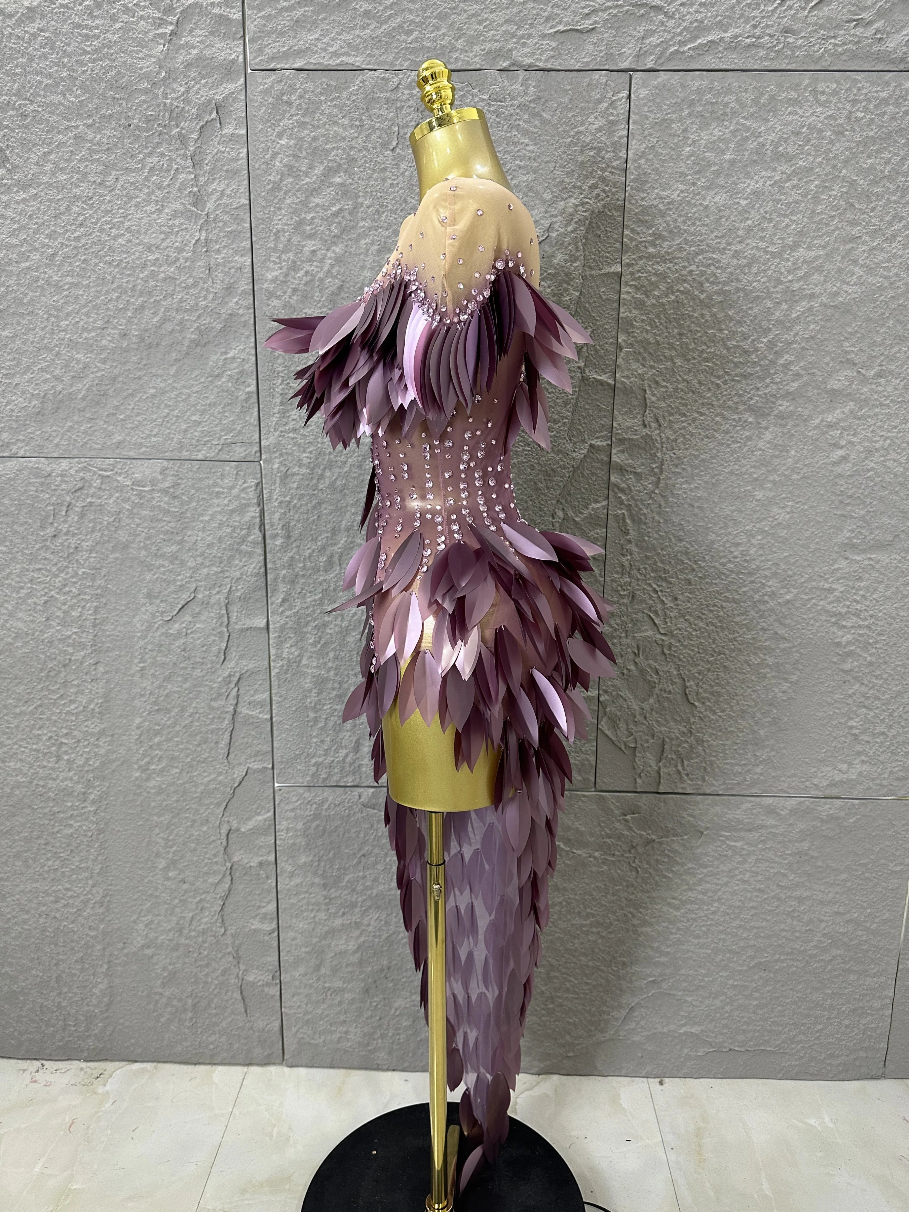 Sparkly 2026 Purple Sheer Mesh Dress Women Sexy Illusion Neck Rhinestone 3D Leaf Fringe Bodycon Evening Gala Nightclub Outfit