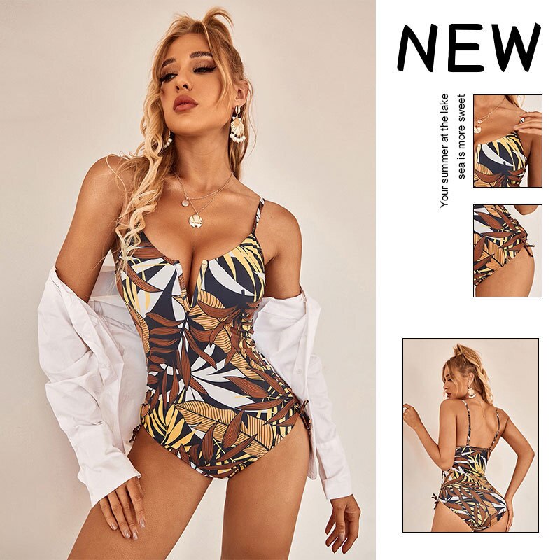 Summer Retro Printed V-neck Swimwear One Piece Swimsuit - Sexy Bikini Bathing Suit Female Beachwear Monokini