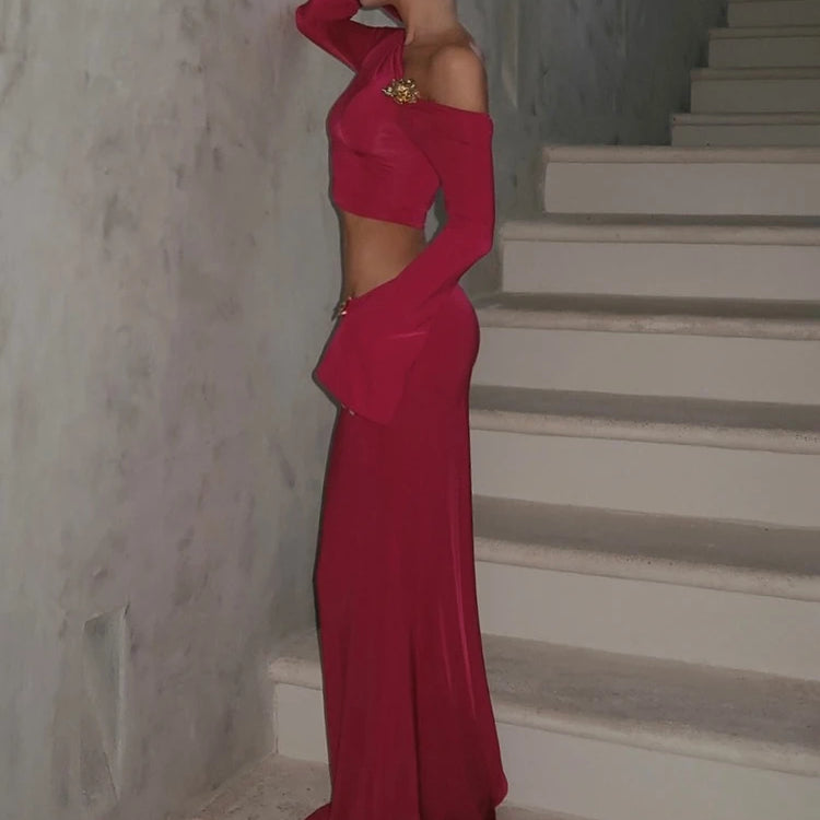 Chic One-Shoulder Crop Top and Maxi Skirt Ensemble with Floral Accents for a Special Occasion Evening Gown