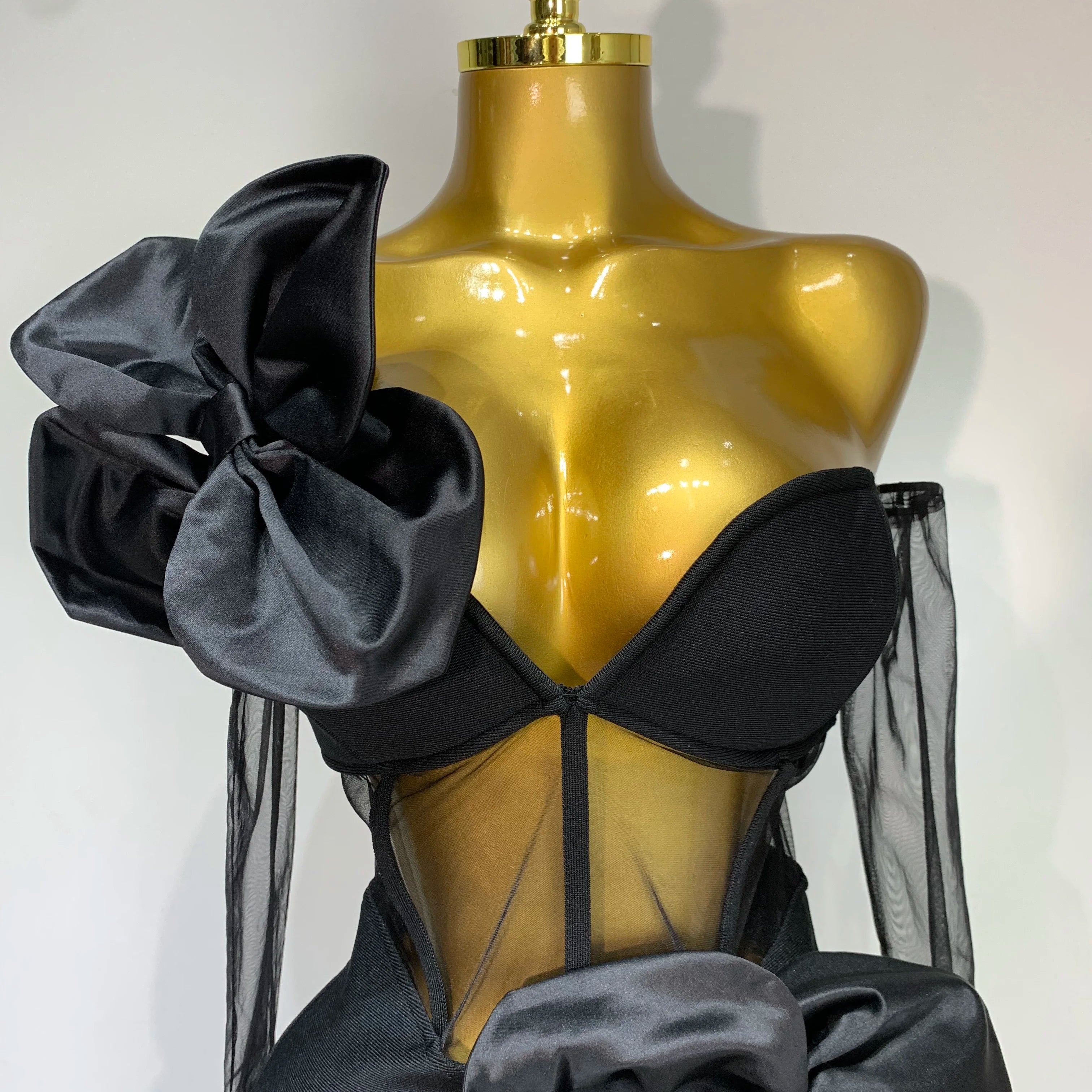 Women Sexy One Shoulder Bow Mesh See Through Bandage Bodycon Dress With Gloves Black Sleeveless Elegant Party Birthday Dresses