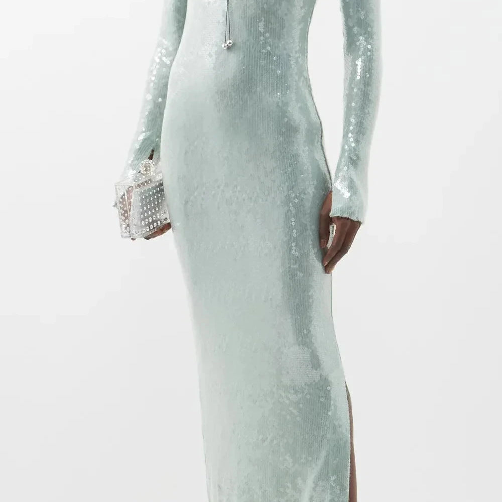 STOCK New Autumn Sparkling Sequins Sexy V-Neck Hollow Out Aklen Length Dress Fashion Woman Evening Party Outfit