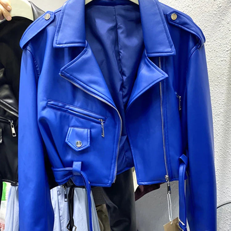 Spring Autumn Short Blue Soft Pu Leather Biker Jacket Women Zipper Long Sleeve Belt Cool Luxury Designer Clothes 2022