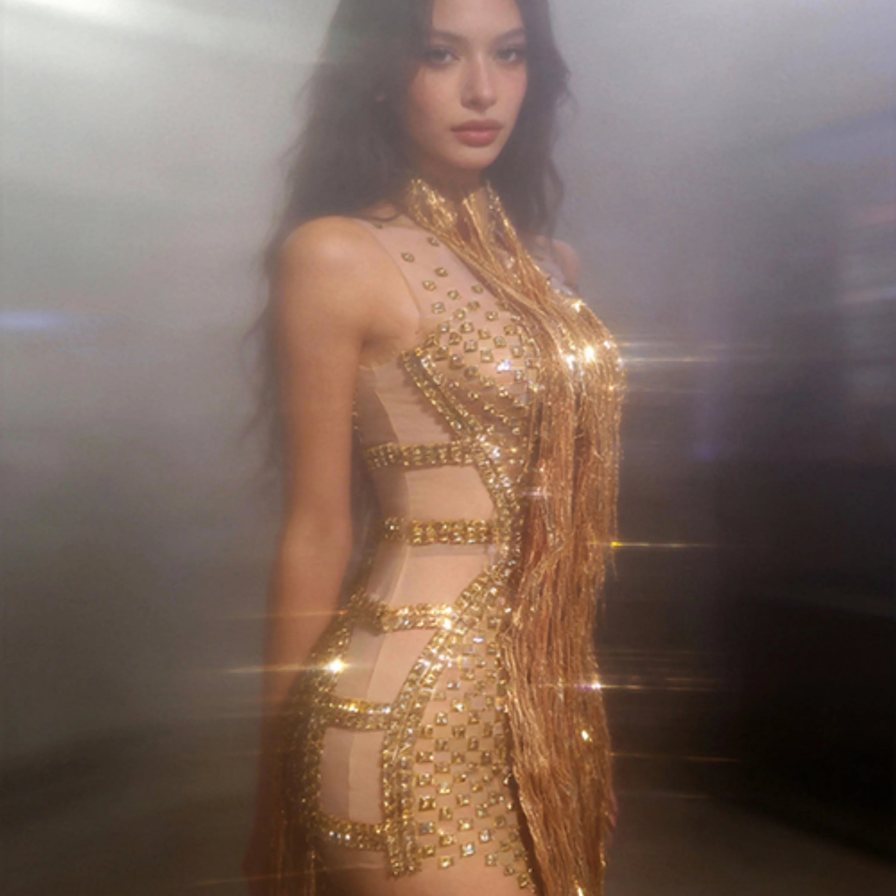 Opulent Gold Halter Neck Mini Dress Women Sexy Crystal Embellished Fringe Trim Form-Fitting Outfit Formal Event Party Costume
