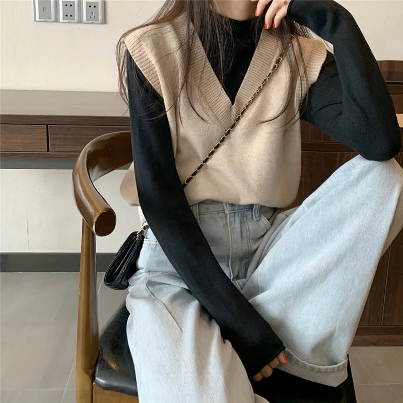 Women Knitted Sweater Vest Spring Autumn Short Loose Vintage Sweater Sleeveless Girls V-Neck Pullover Tops Female Outerwear