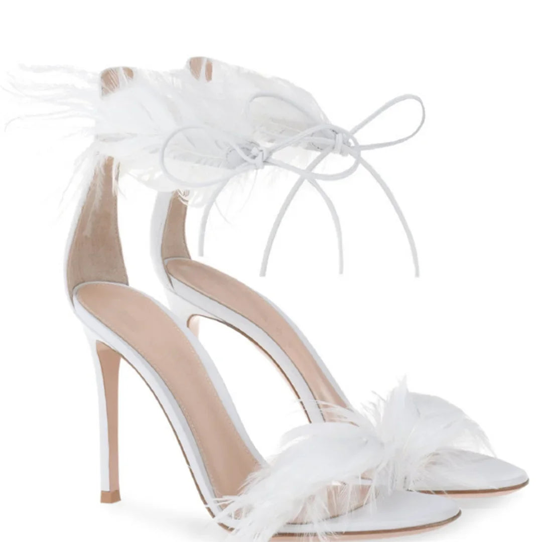 Summer White Sandals Lace Up Shallow Open Toe Banquet Strappy Solid Color Hollow Stiletto High Heel Cover Heel New Arrival Shoes 9.5CM 1