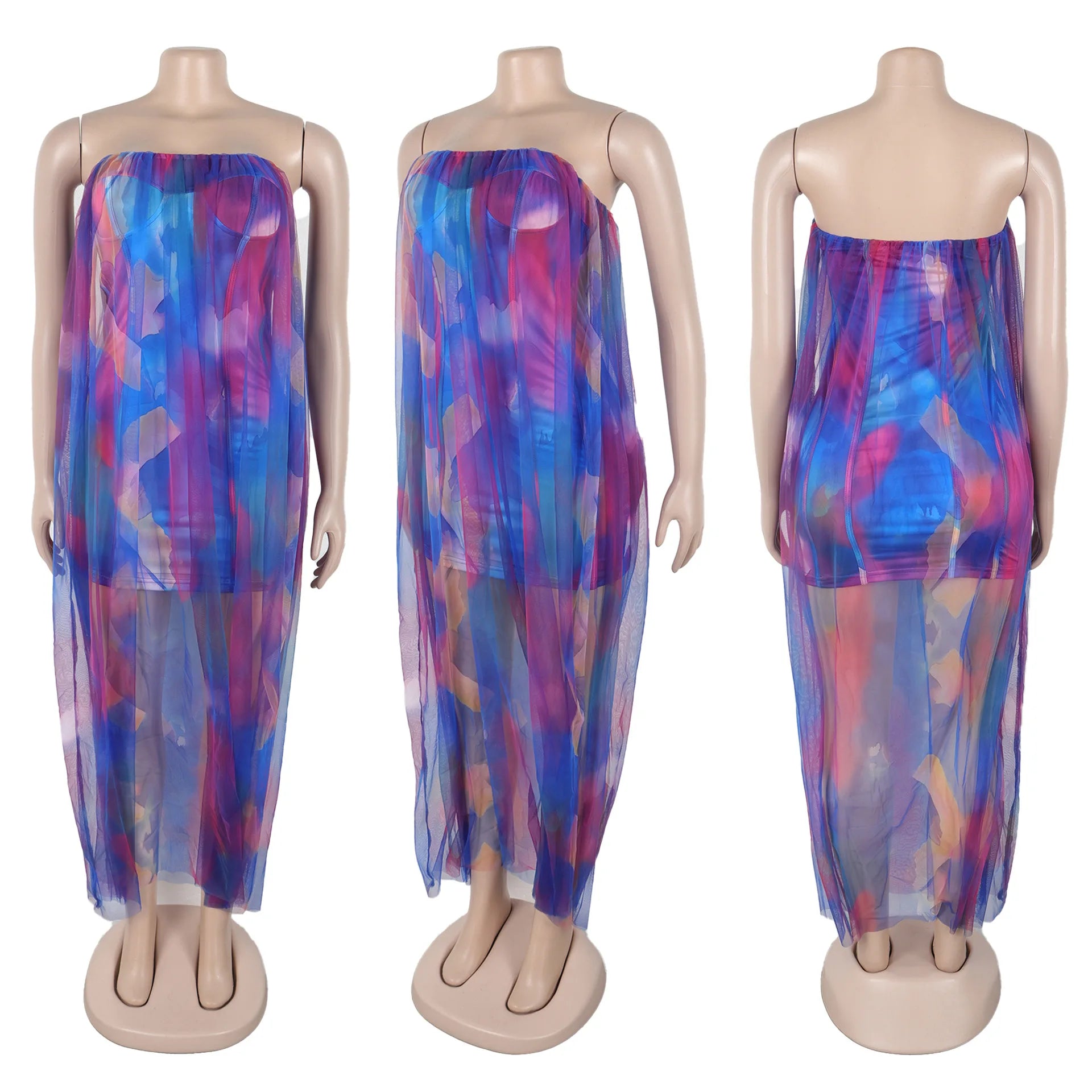 Women Sleeveless Tie Dye Print Strapless Mesh Bodycon Midi Long Maxi Dress 2025 Birthday Club Party Vestido Sexy Dresses