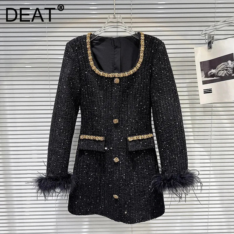 Winter New Fashion High-End Gold Rhinestone Beaded Edge Waist-Cinching Tweed Dress For Women Elegant Dresses 11A07688