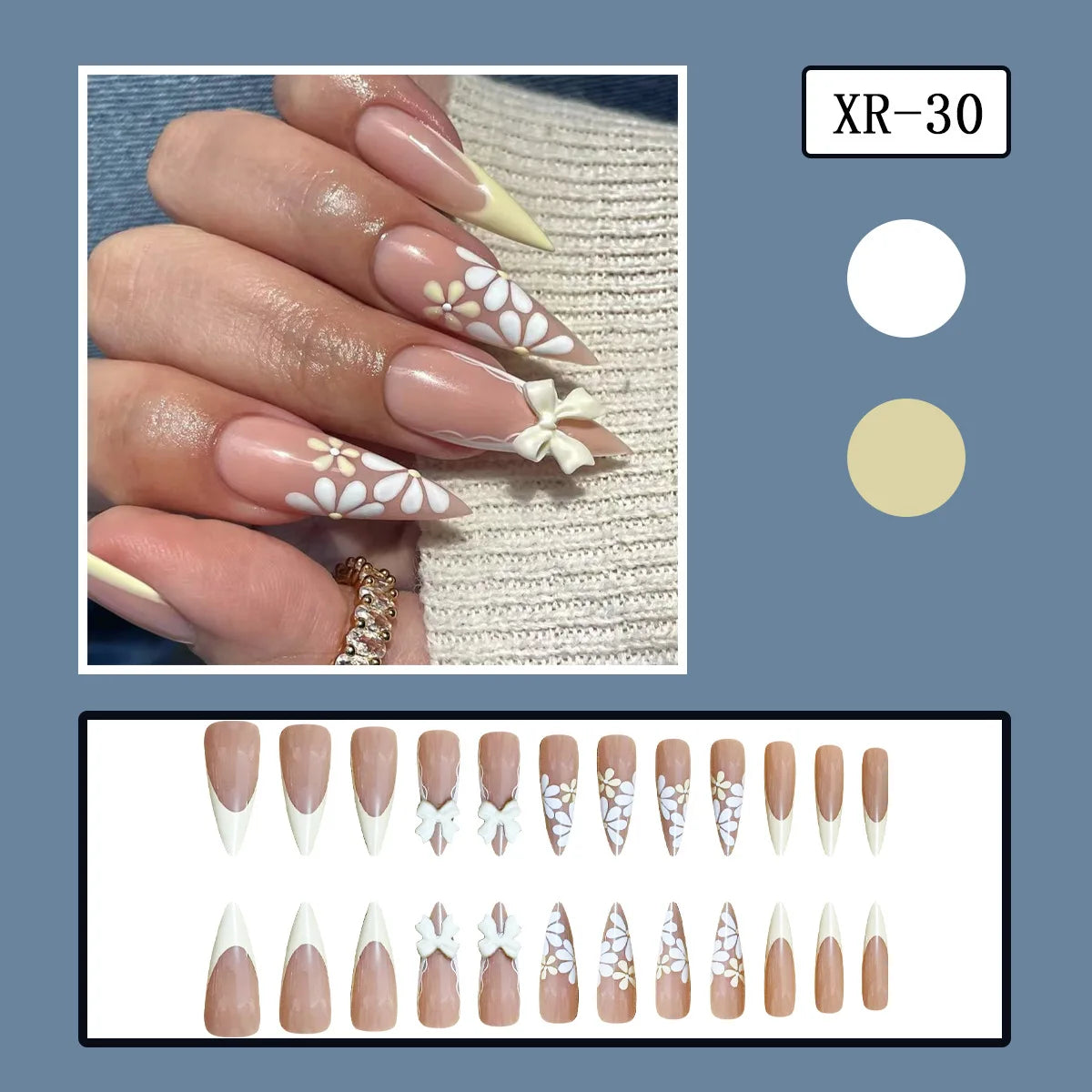 24pcs 3D Carved Petal Decor False Nails Gradient Blue Almond Fake Nails Tips Wearable Detachable Spice Girl Press on Nails 2