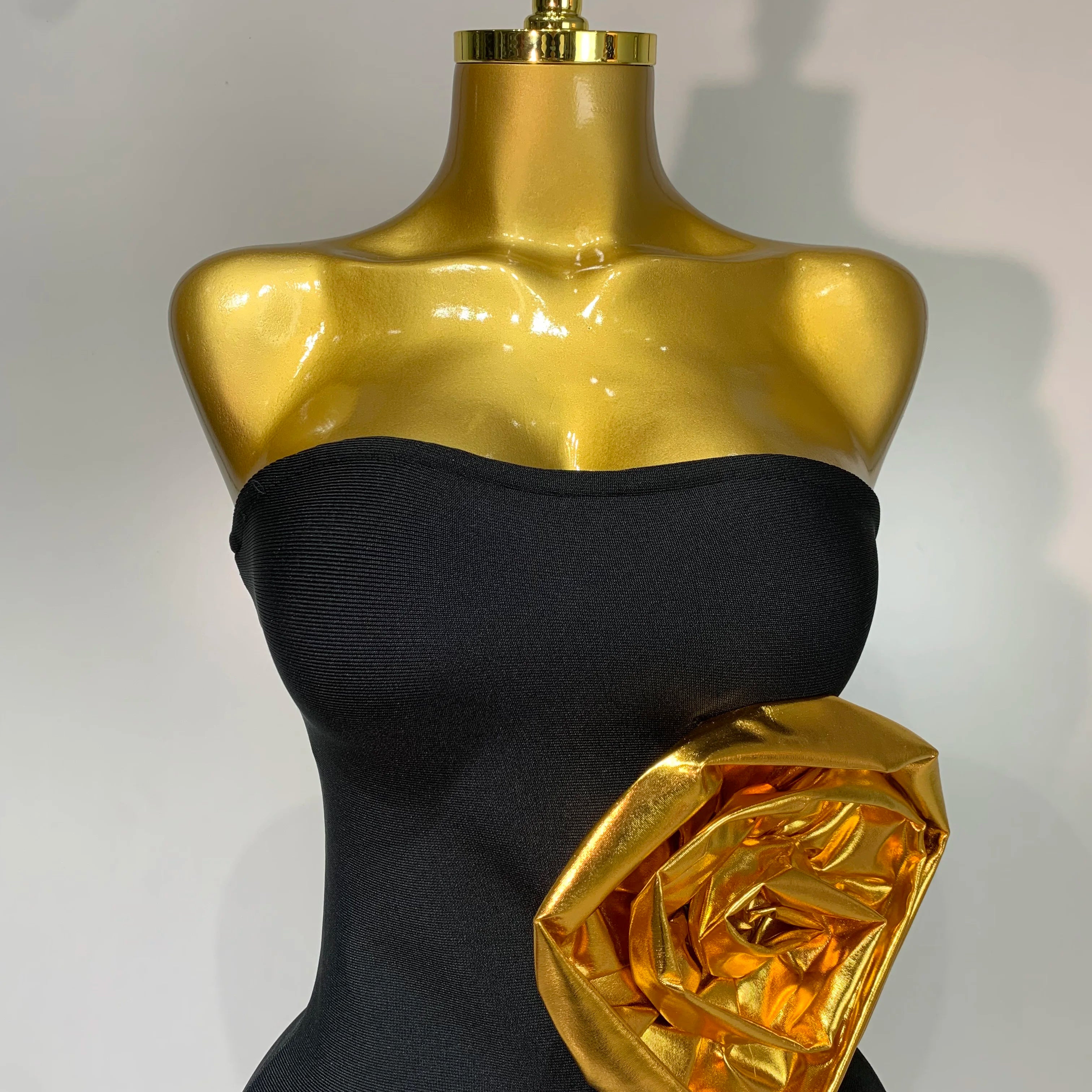 Women Luxury Bandage Bodycon Dress Designer Strapless Gold Appliques Ankle Length Elastic Celebrity Elegant Evening Party Gowns