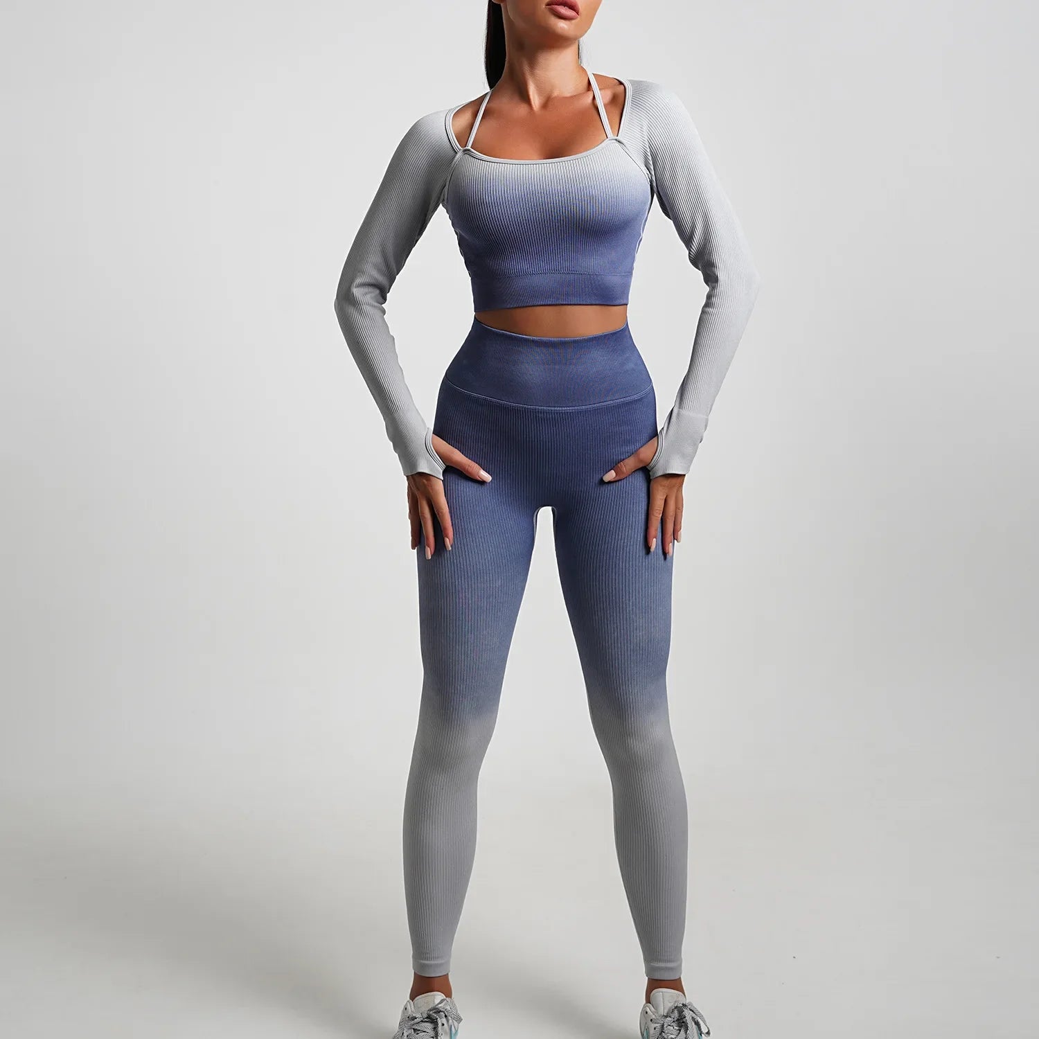 Seamless Gradient Yoga Sets Sports Fitness High Waist Hip-Lifting Pants Long-Sleeved Suits Workout Gym Leggings Sets for Women Gray Blue A