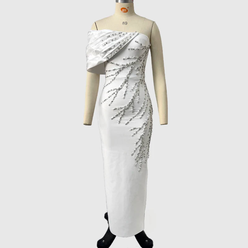 White Black Color Women Sexy One Shoulder Shinning Crystal Bodycon Long Bandage Dress Celebrate Fashion Evening Party Outfit WHITE
