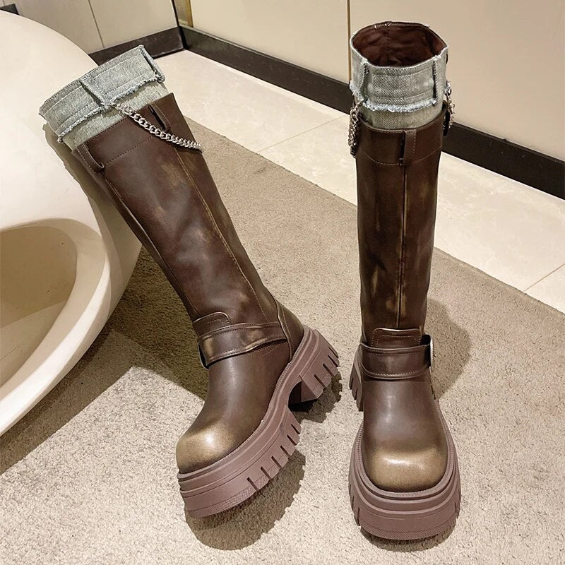 Platform Women Chain Shoes Flats Trend Chelsea Boots Brand Winter 2024 New Gladiator Motocycle Boots Punk Knee High Mujer Botas