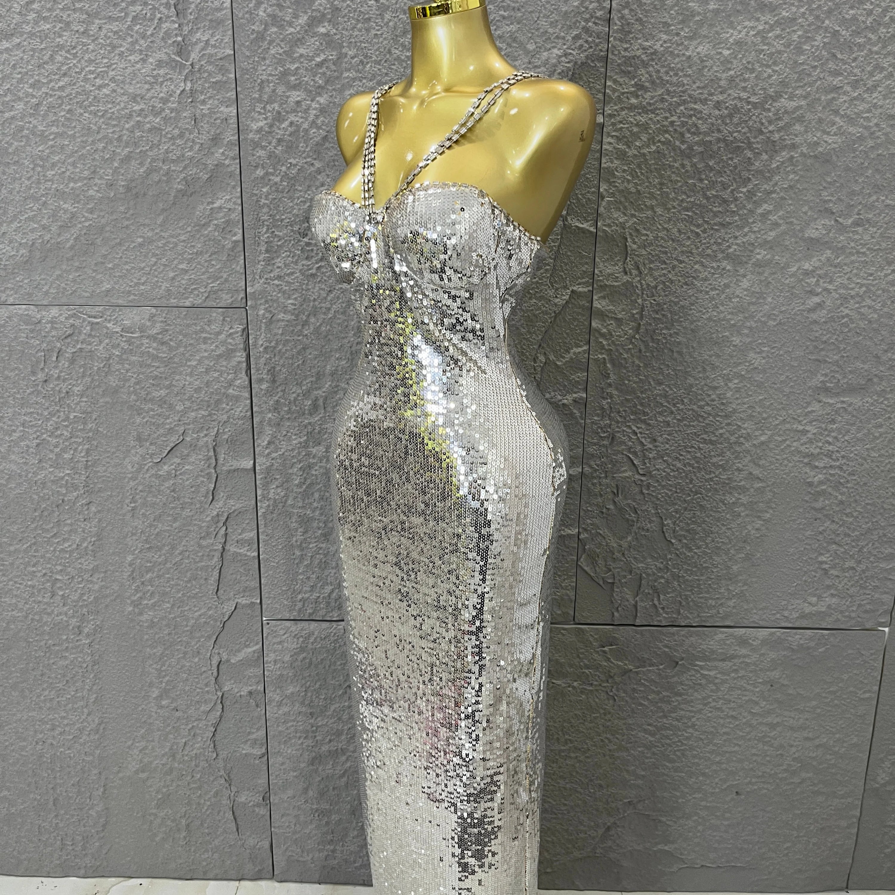 Classic Gold Sequin Mermaid Dress Rhinestone Chain Shoulder Straps Sweetheart Neck Formal Evening Gala Photoshoot Cocktail Party