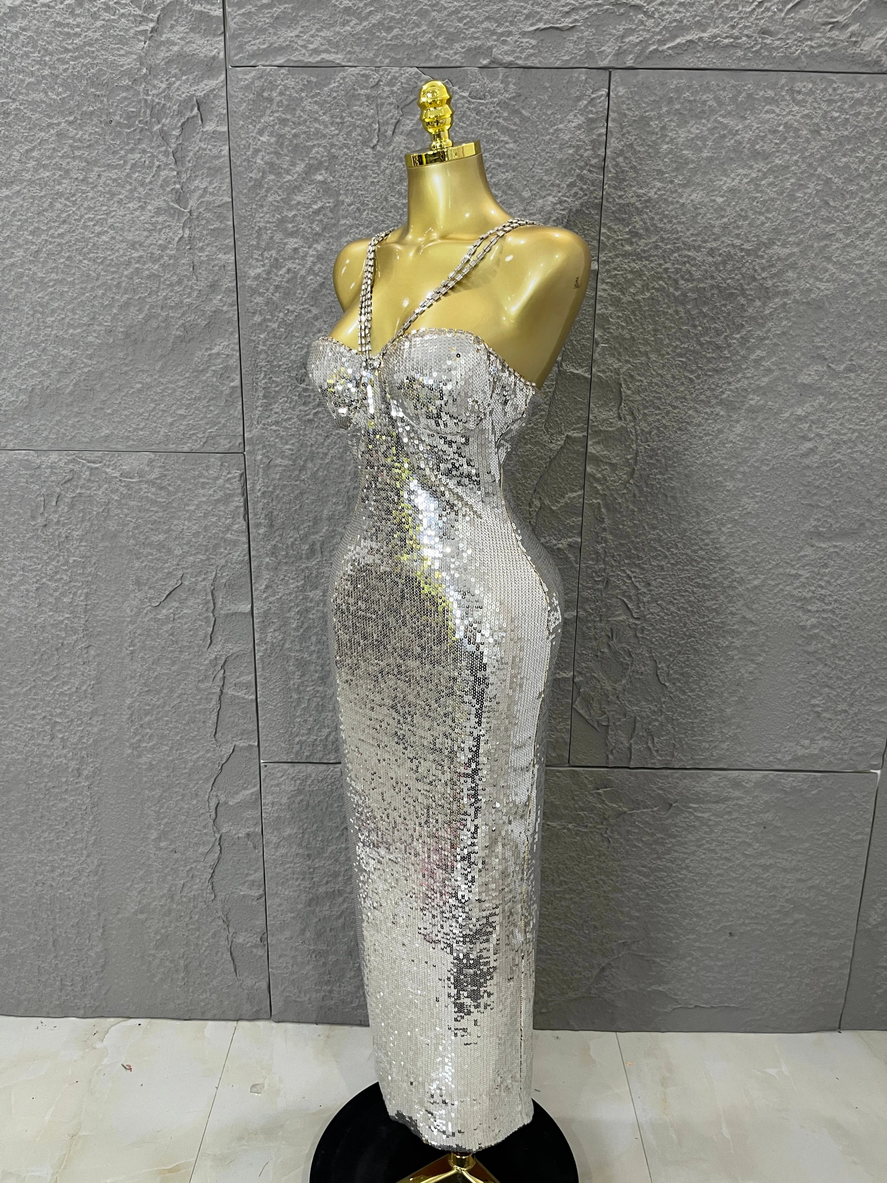 Classic Gold Sequin Mermaid Dress Rhinestone Chain Shoulder Straps Sweetheart Neck Formal Evening Gala Photoshoot Cocktail Party