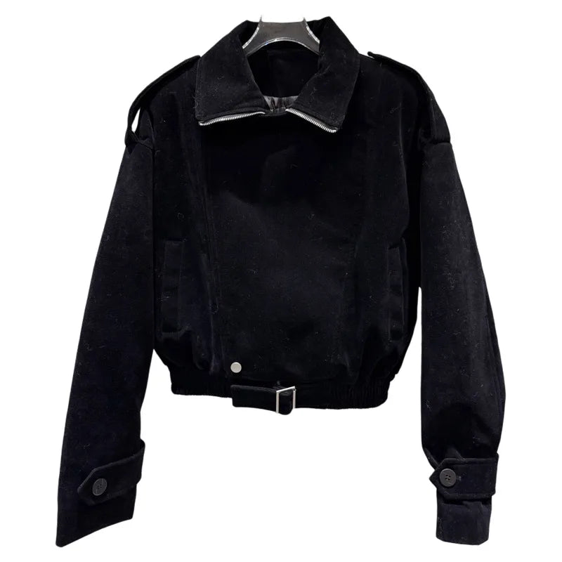 Winter New Fashion Black Zipper Turn-down Collar Fleece Cotton Jacket For Women Streetwear Short Coat Female 11A07598