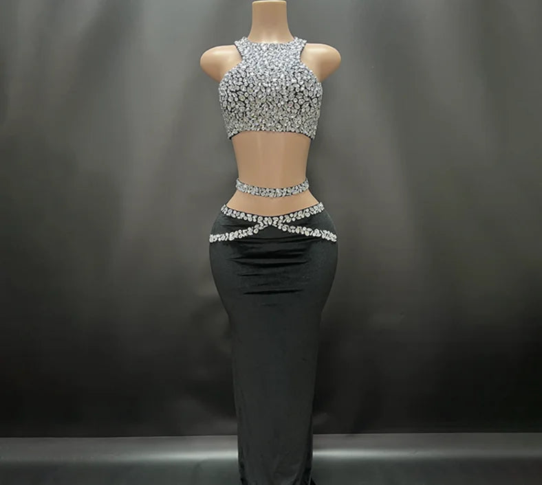 Sparkly Crystal Bodycon Tops 2 Pieces Bodycon Long Dress Women Sexy Off the Shoulder Nightclub Party Performance Costume