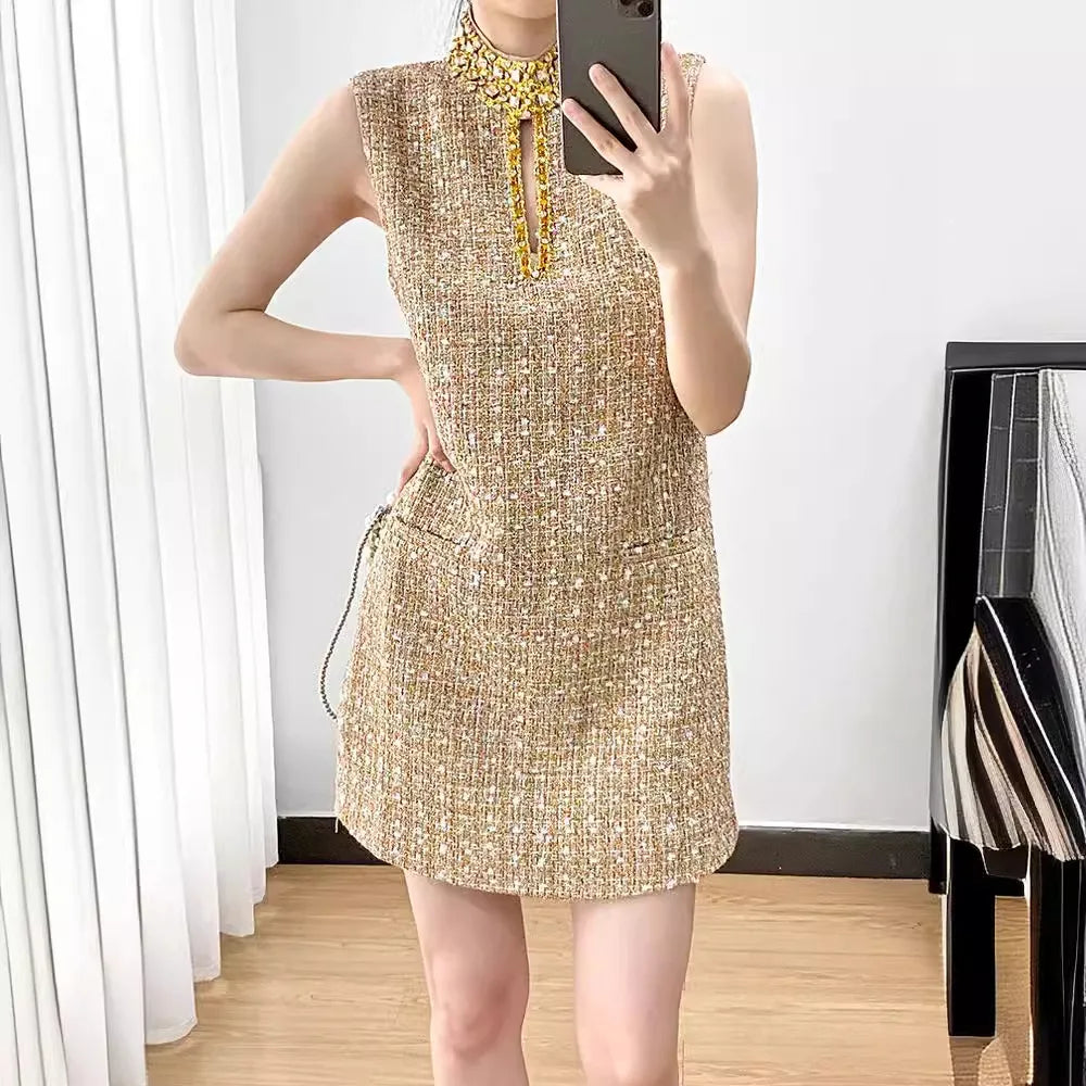 Spring Summer Tweed Mini Dress Women Heavy Industry Beading Luxury Stand Collar Diamonds Hollow Out Short Vestidos F286