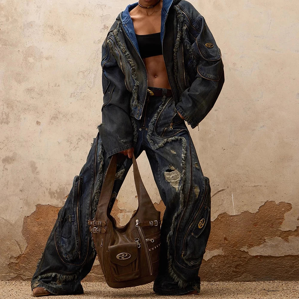 Colorblock Fashion Spliced Zipper Chic Loose Pants for Women Patchwork Hollow Out Pant Female High Street Style New