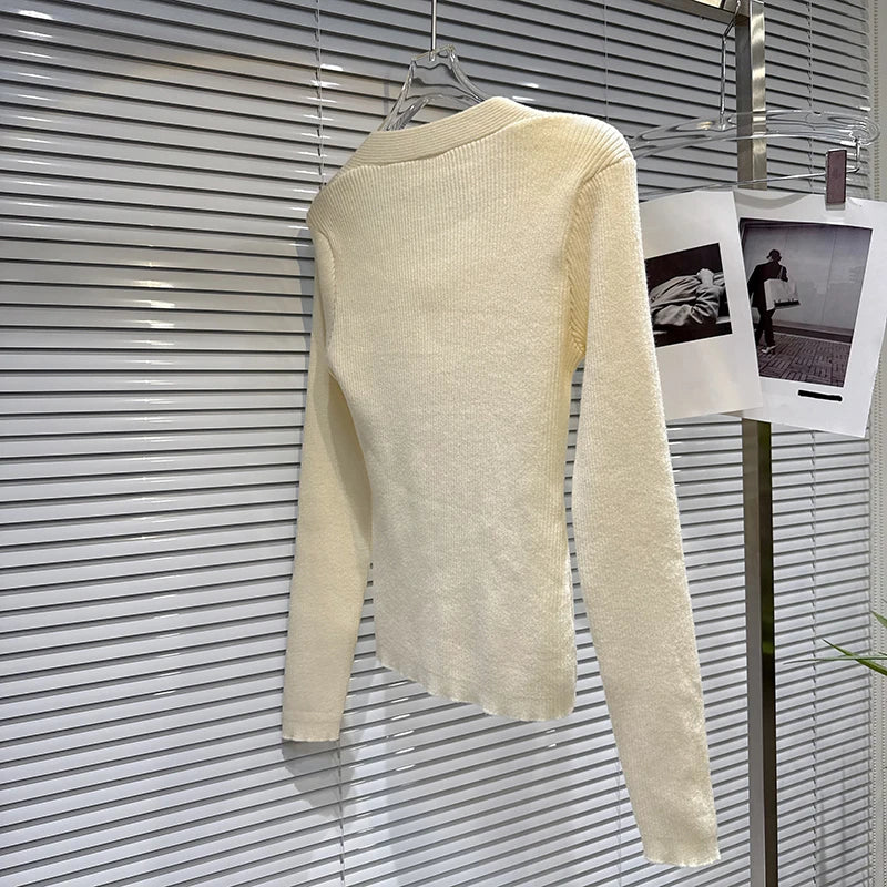 Winter New Elegant Fashion Shawl Slim Fit Knitted Sweater For Women Versatile Feather Patchwork Pullover 11A07523