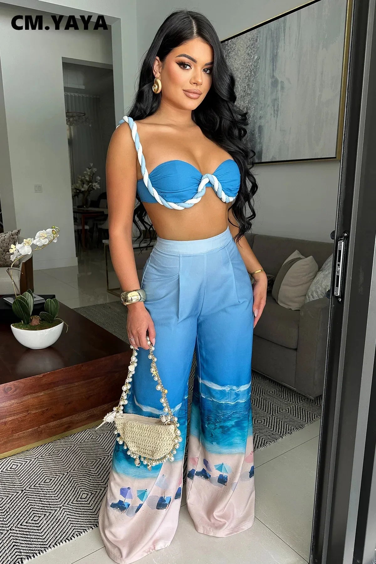 Summer Women's Set Beach Print Sleeveless Strapless Tops +Wide Leg Pants Suits Street Two 2 Piece Sets Bohemian Outfits