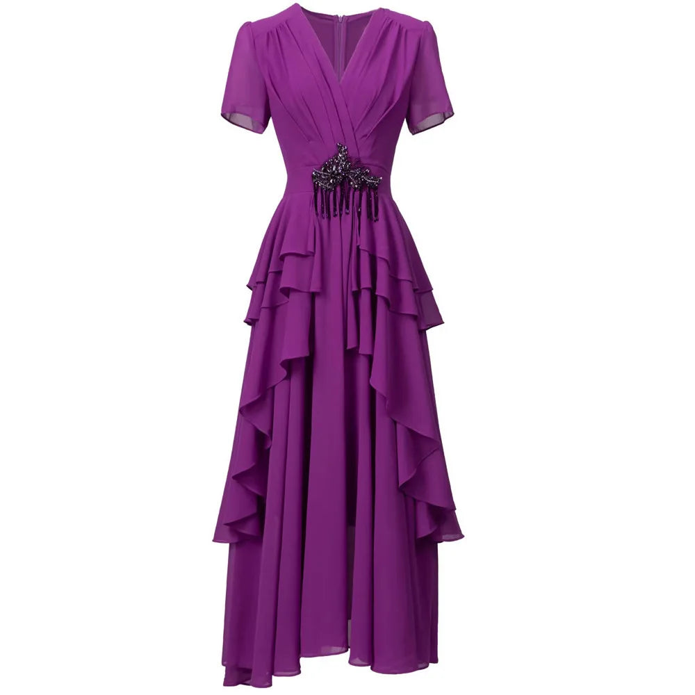 Solid Slimming Spliced Bead Dresses for Women V Neck Short Sleeves Patchwork Ruffles Folds Dress Female Clothes New PURPLE