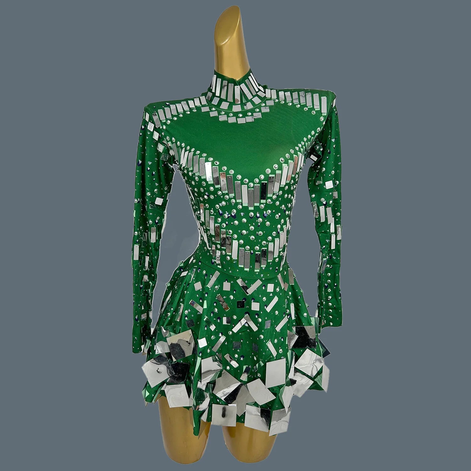 Fancy Sequins Pleated Mini Dress for Hot Girls Bar Nightclub Stage Show Outfit Dance Performance Wear Dance Troupe Outfit Xieshi Green Silver One Size