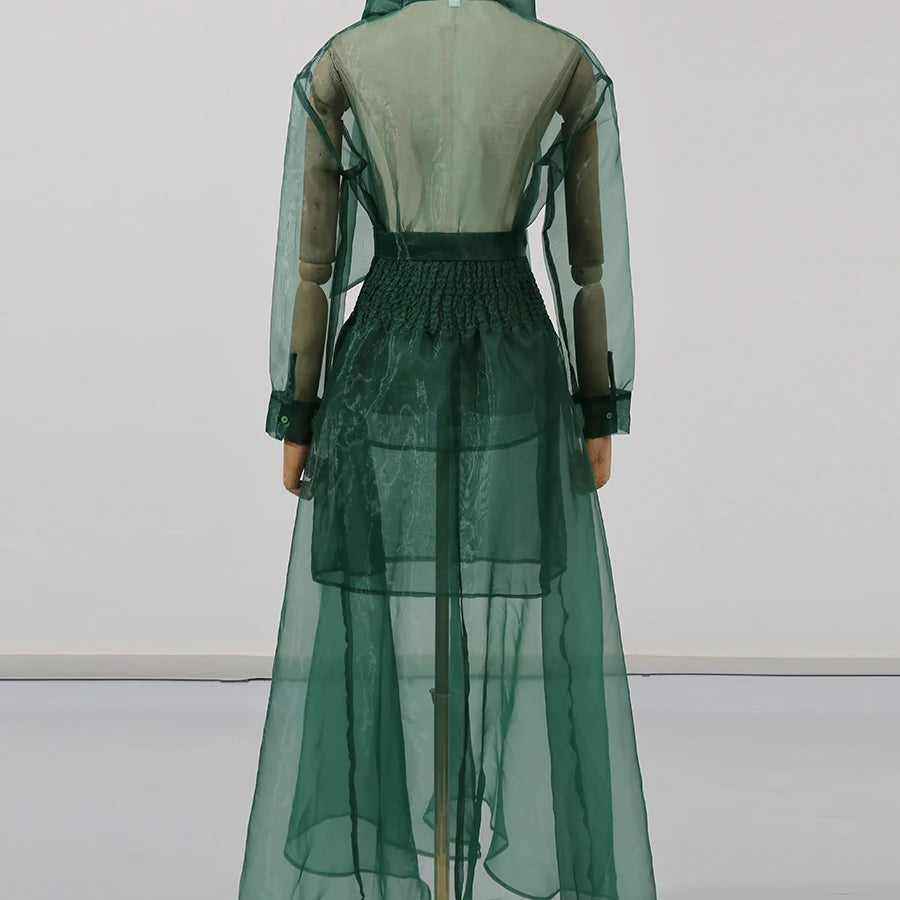 Solid Sheer Two Piece Sets for Women Round Neck Long Sleeves Spliced Bowknot Top High Waist Skirt Set Female New