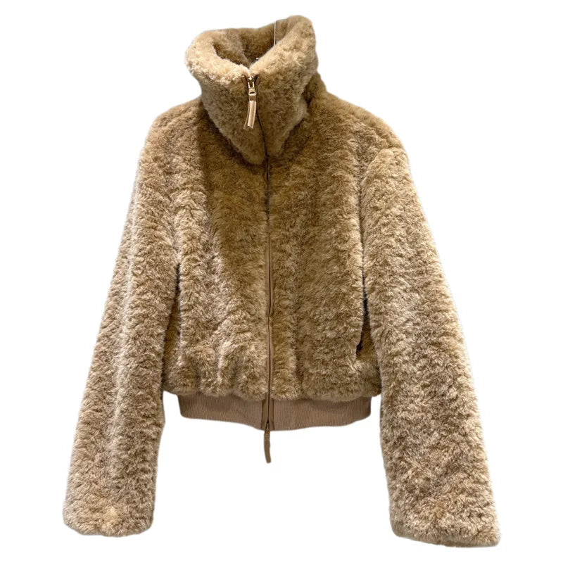 Winter New Casual Fashion Fur Loose Stand Collar Warm Short Coat For Women Zipper Fleece High Waist Jacket 11A07499