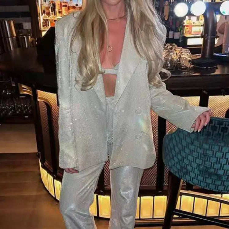 Shiny Pant Suit Women Design Sexy Party Club Blazer Sets With Underwear Fashion 2022 Spring Female Coat And Straight Pants