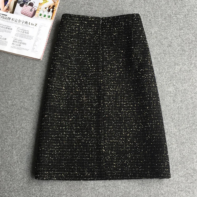 New Fashion Women's Autumn Winter Tweed Skirt Woolen Plaid High Waist Slim Buttocks Short A-line Midi Woman Skirts C176 Black