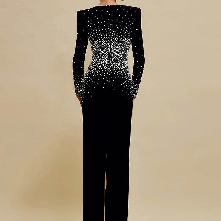 Black Long Sleeves Pearls Embellished Long Dress For Women V Neck Beaded Celebrity Party Evening Gowns Vestidos