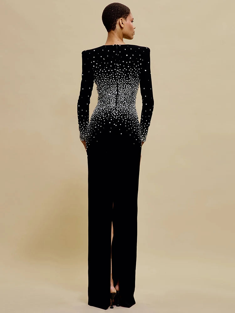 Black Long Sleeves Pearls Embellished Long Dress For Women V Neck Beaded Celebrity Party Evening Gowns Vestidos