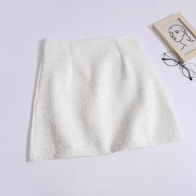 ABRINI Women Office High Waist A-line Tweed Skirt Party Mini Slim Skirt Chic Shiny Slim Skirts For Women Spring Summer WHITE