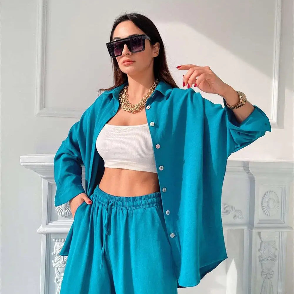 Women's Summer Suit with Pants Summer Loose Wide Leg Trousers Elegant Two Piece Suit Set for Women Buttons T-shirts Outifit