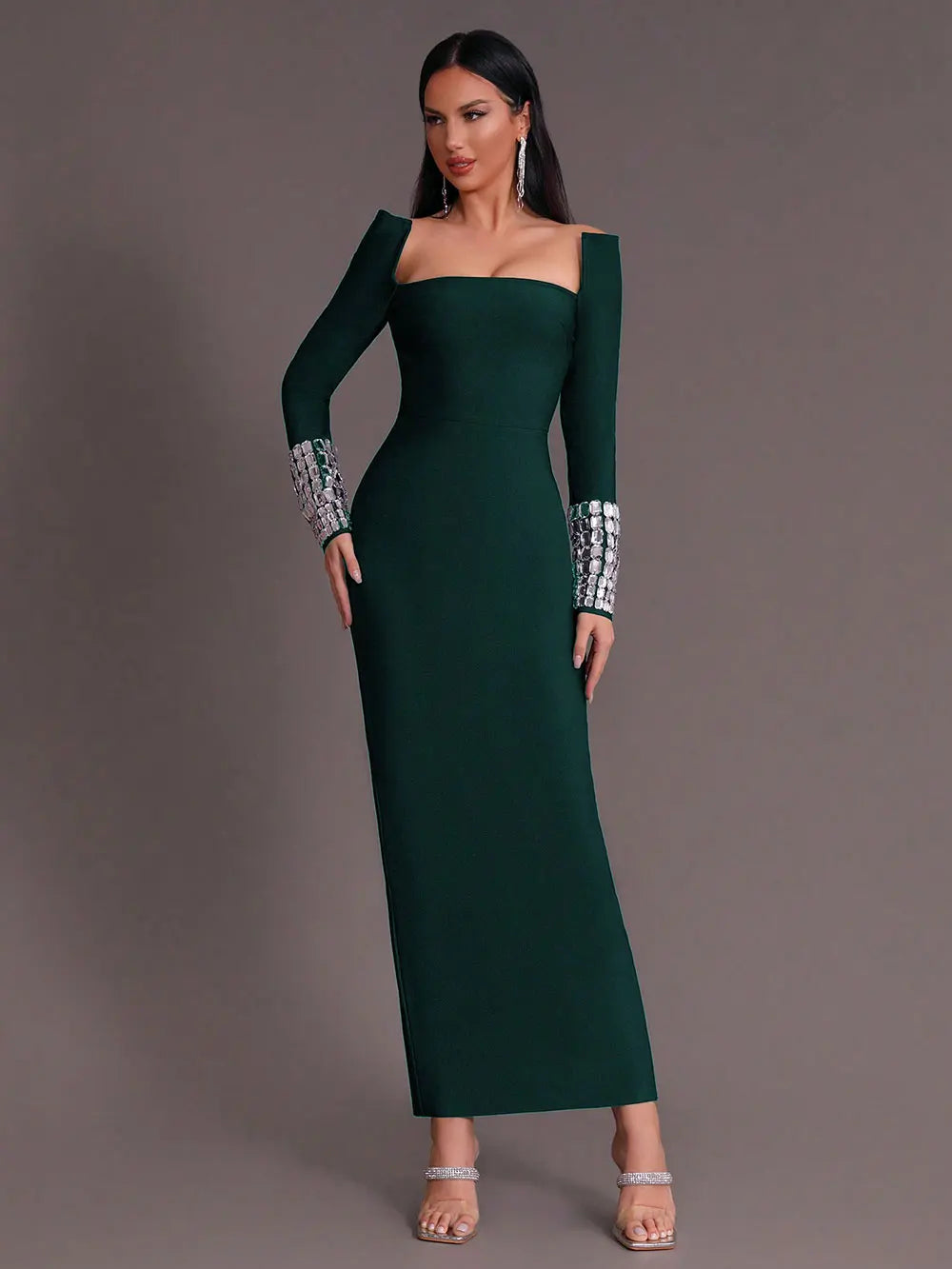 2025 New Women'S Elegant Bandage Dresses Square Neck Long Sleeved Nail Bead Design Bodycon Long Dress Evening Party Vestidos