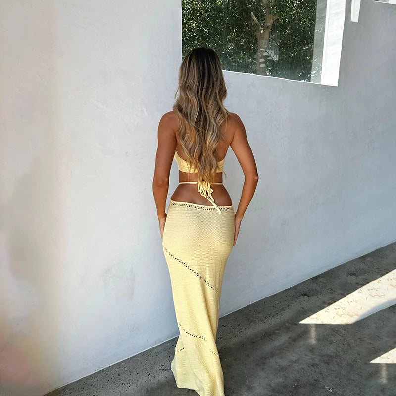 Yellow Knitted Beach Dress Women Fashion Halter Hollow Out Slim Long Dresses Summer Sexy Backless Holiday Party Outfits 2024